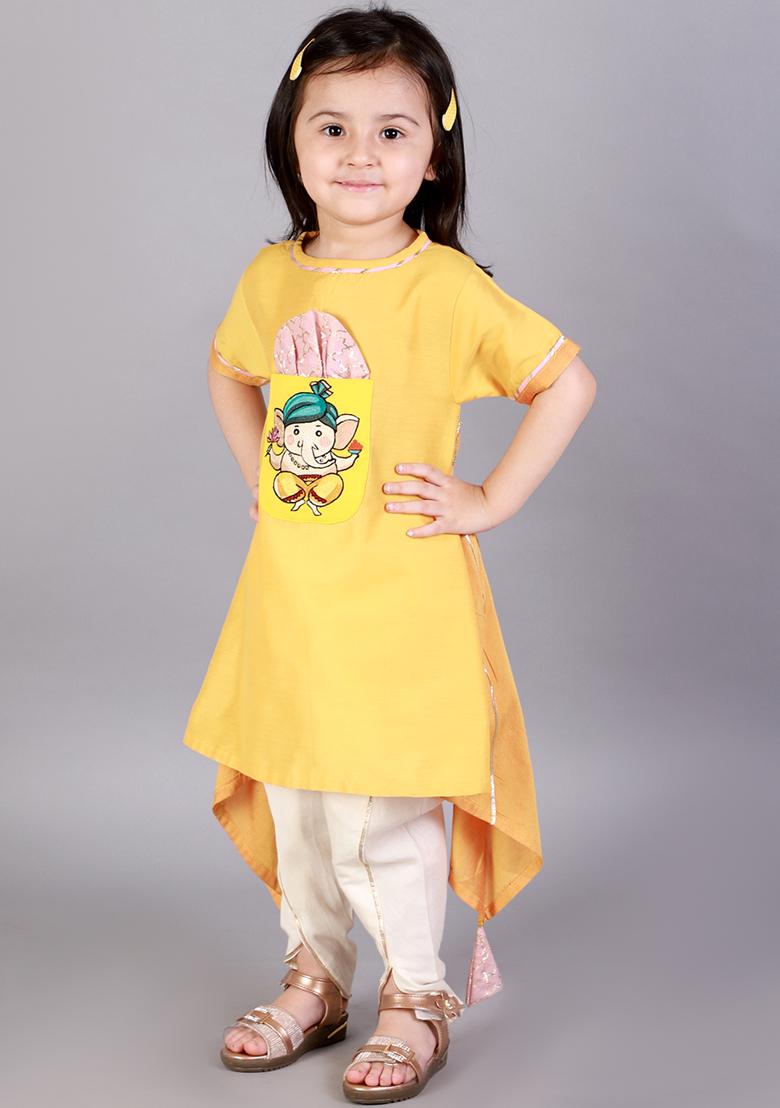 Yelow Embroidered Cotton Silk Dhoti Set For Girls