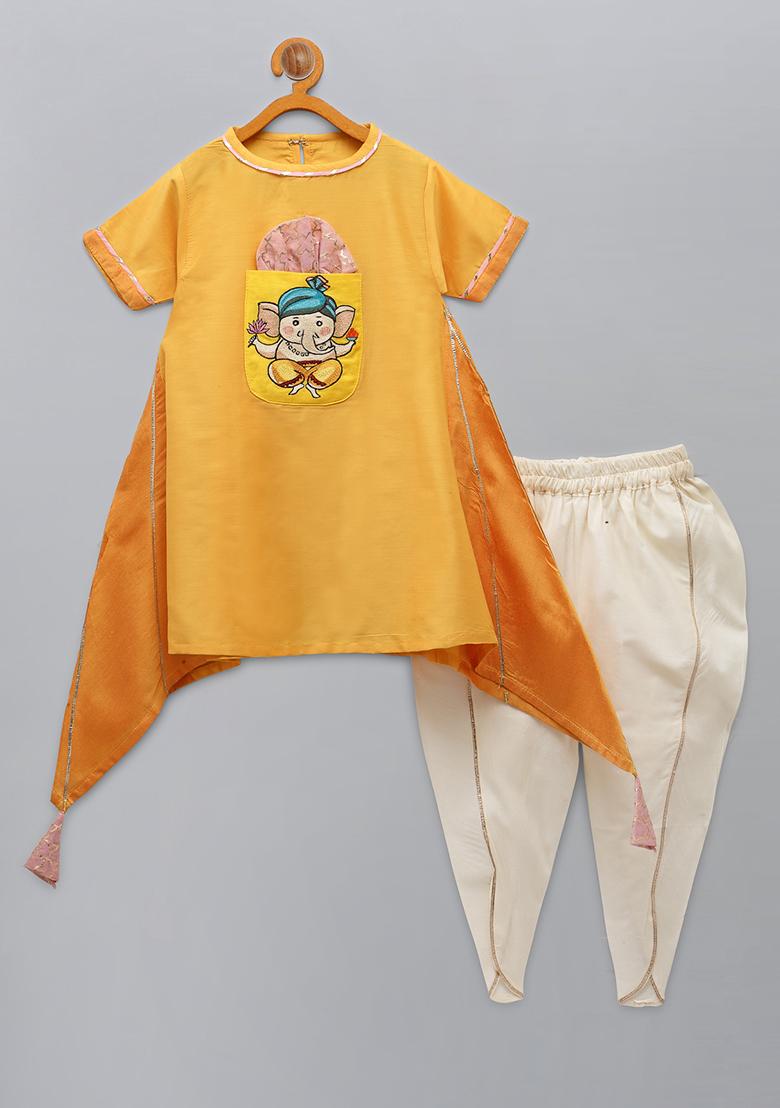 Yelow Embroidered Cotton Silk Dhoti Set For Girls