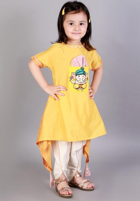 Yelow Embroidered Cotton Silk Dhoti Set For Girls