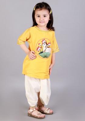 Yelow Embroidered Cotton Silk Dhoti Set For Girls