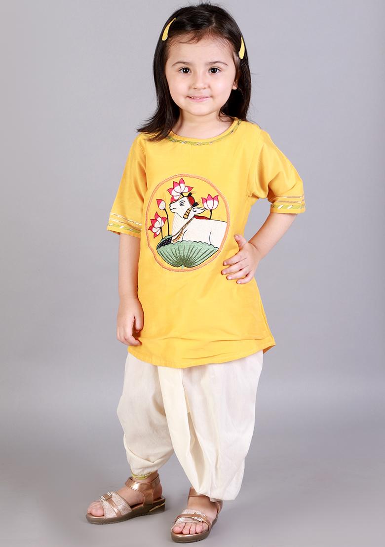 Yelow Embroidered Cotton Silk Dhoti Set For Girls