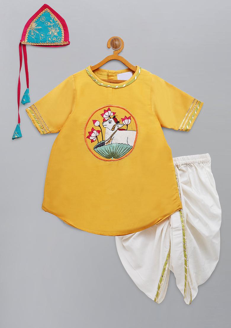 Yelow Embroidered Cotton Silk Dhoti Set For Girls