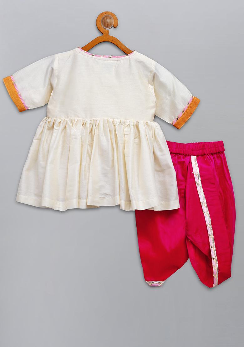 Offwhite Embroidered Cotton Silk Dhoti Set For Girls