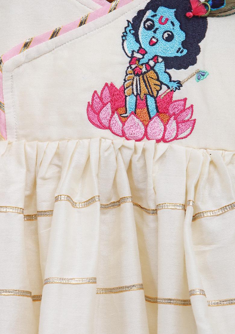 Offwhite Embroidered Cotton Silk Dhoti Set For Girls