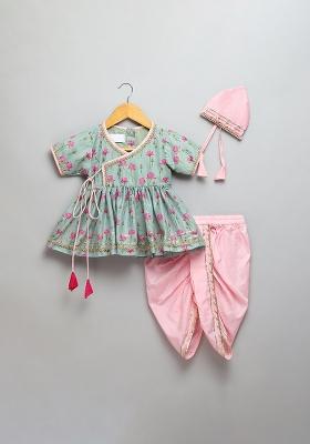 Mint Green Printed Cotton Silk Dhoti Set For Girls