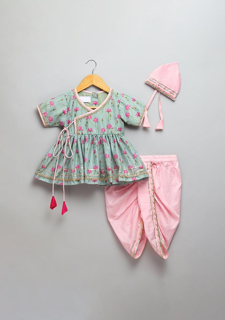 Mint Green Printed Cotton Silk Dhoti Set For Girls