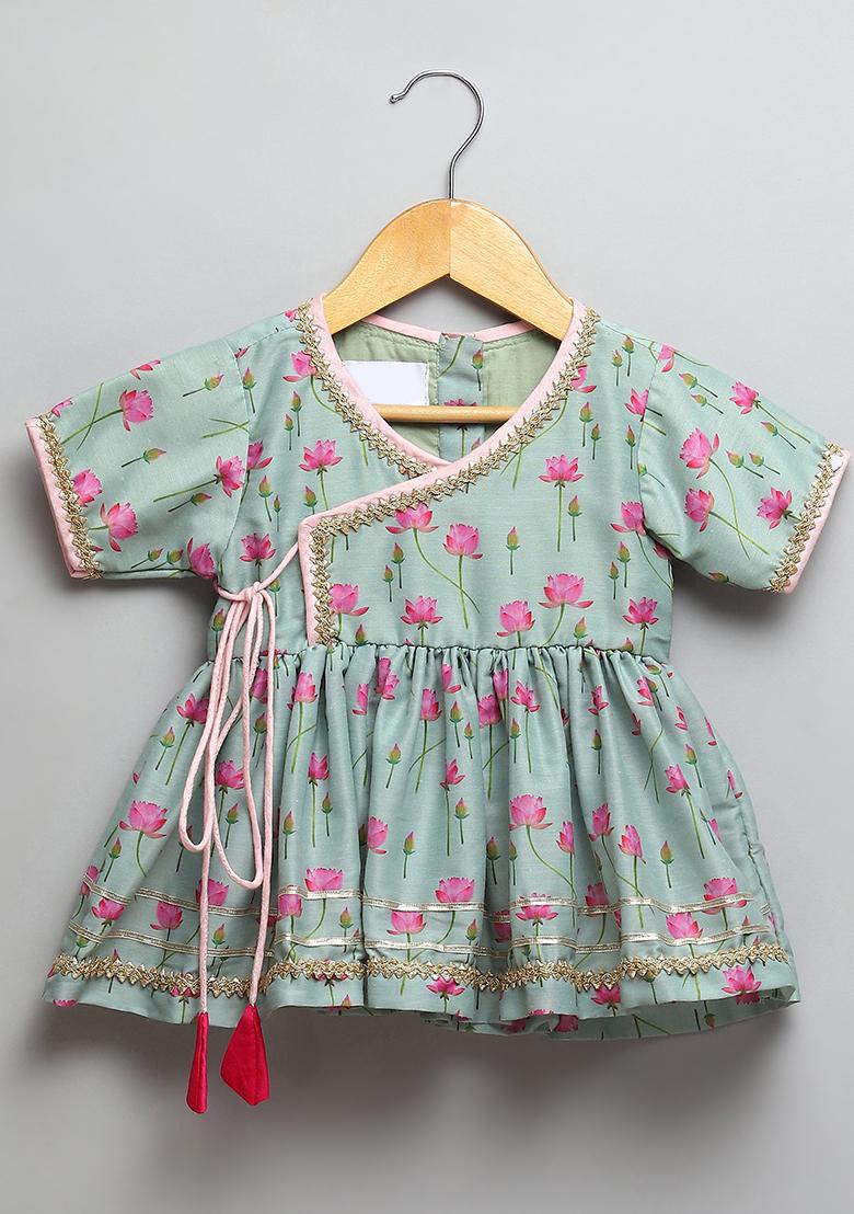 Mint Green Printed Cotton Silk Dhoti Set For Girls