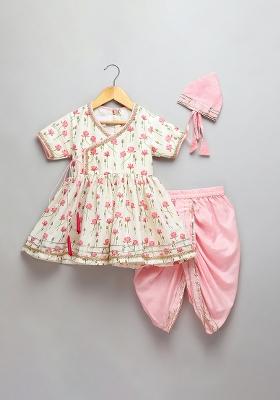 Offwhite Printed Cotton Silk Dhoti Set For Girls