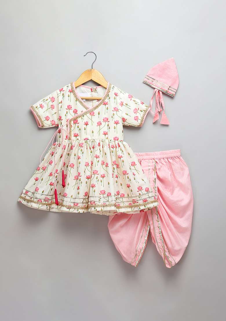 Offwhite Printed Cotton Silk Dhoti Set For Girls - Indya