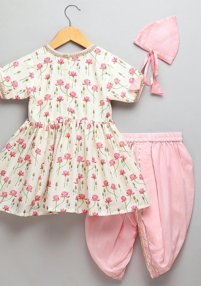 Offwhite Printed Cotton Silk Dhoti Set For Girls