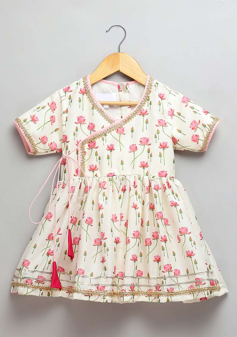 Offwhite Printed Cotton Silk Dhoti Set For Girls - Indya