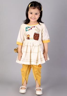 Offwhite Embroidered Cotton Silk Dhoti Set For Girls
