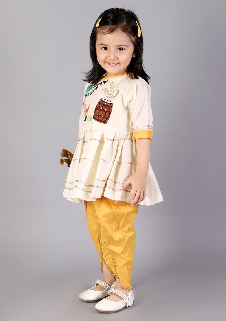 Offwhite Embroidered Cotton Silk Dhoti Set For Girls