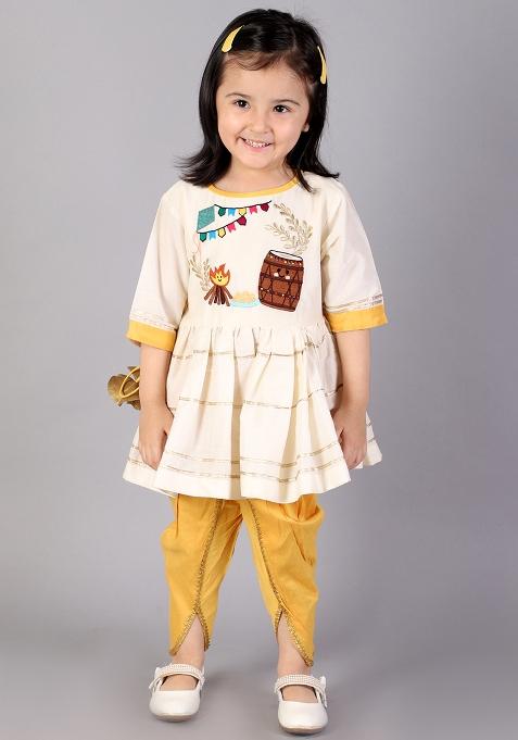 Offwhite Embroidered Cotton Silk Dhoti Set For Girls