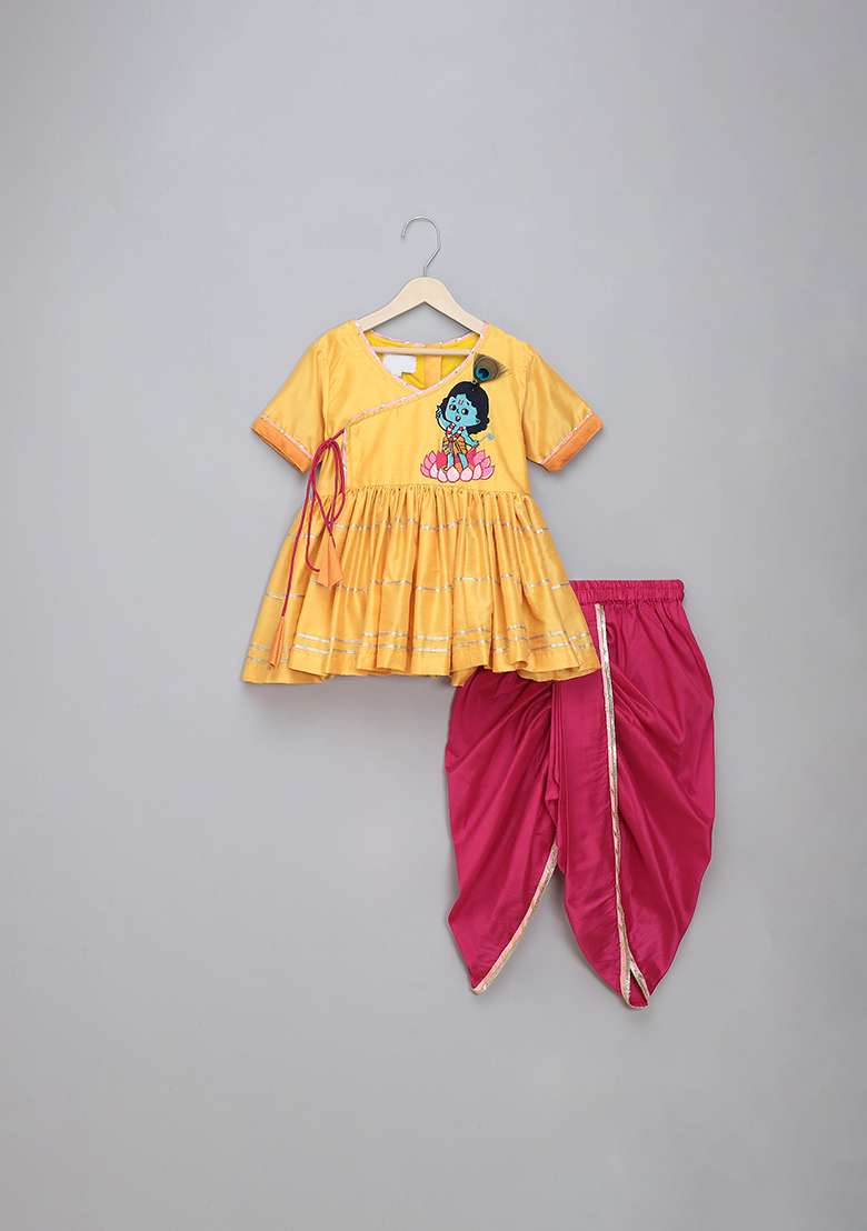 Yellow Embroidered Cotton Silk Dhoti Set For Girls - Indya