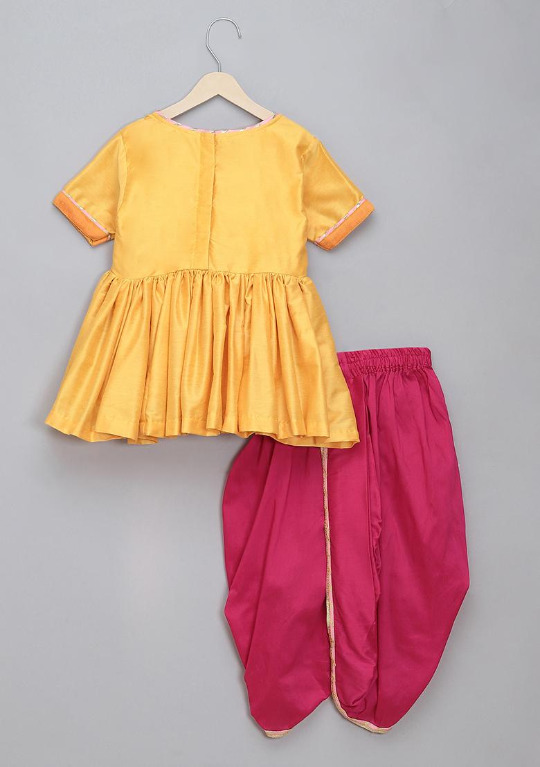 Yellow Embroidered Cotton Silk Dhoti Set For Girls