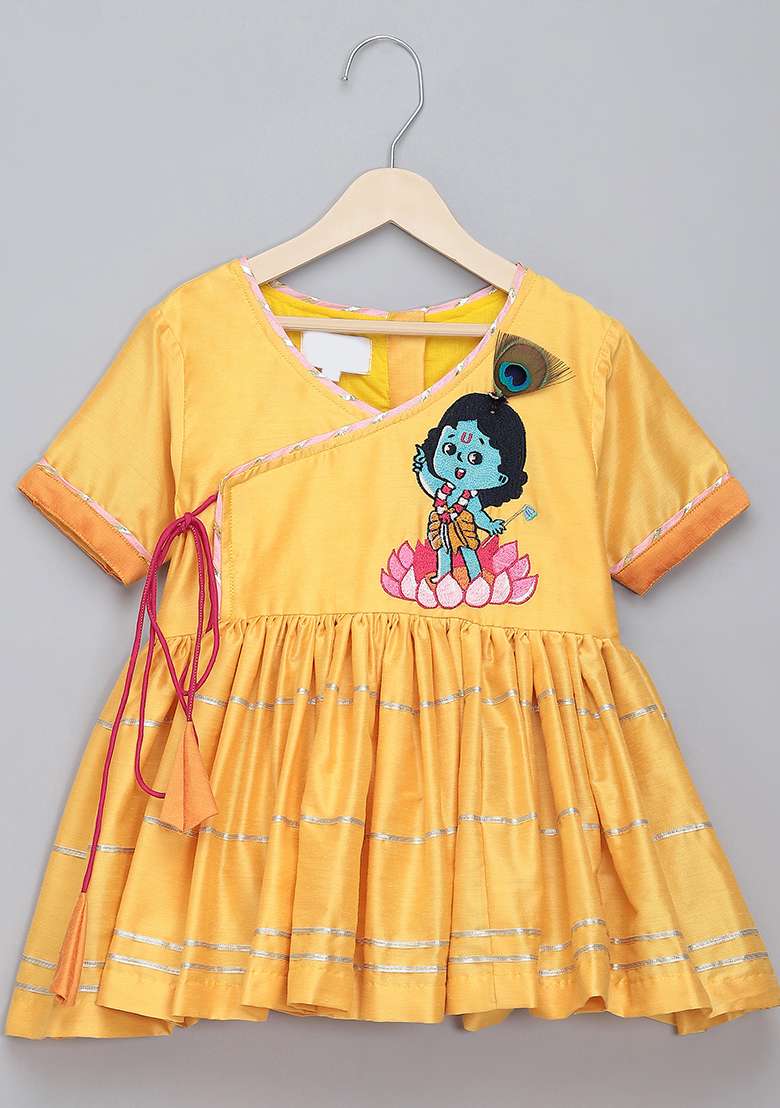 Yellow Embroidered Cotton Silk Dhoti Set For Girls - Indya
