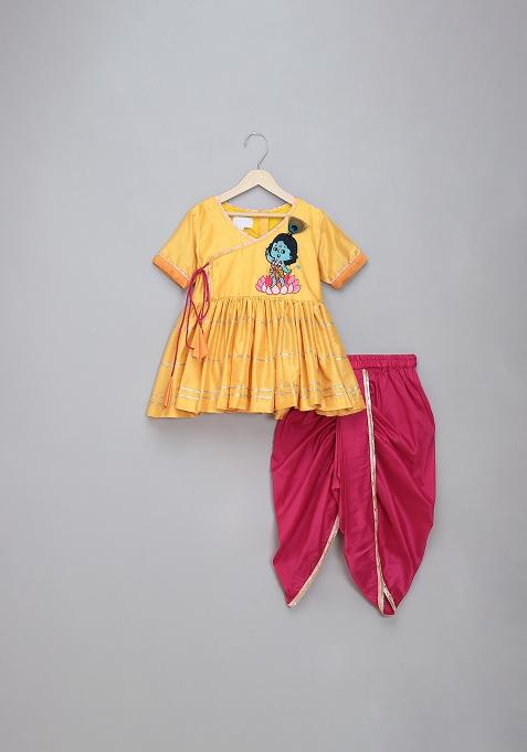 Yellow Embroidered Cotton Silk Dhoti Set For Girls