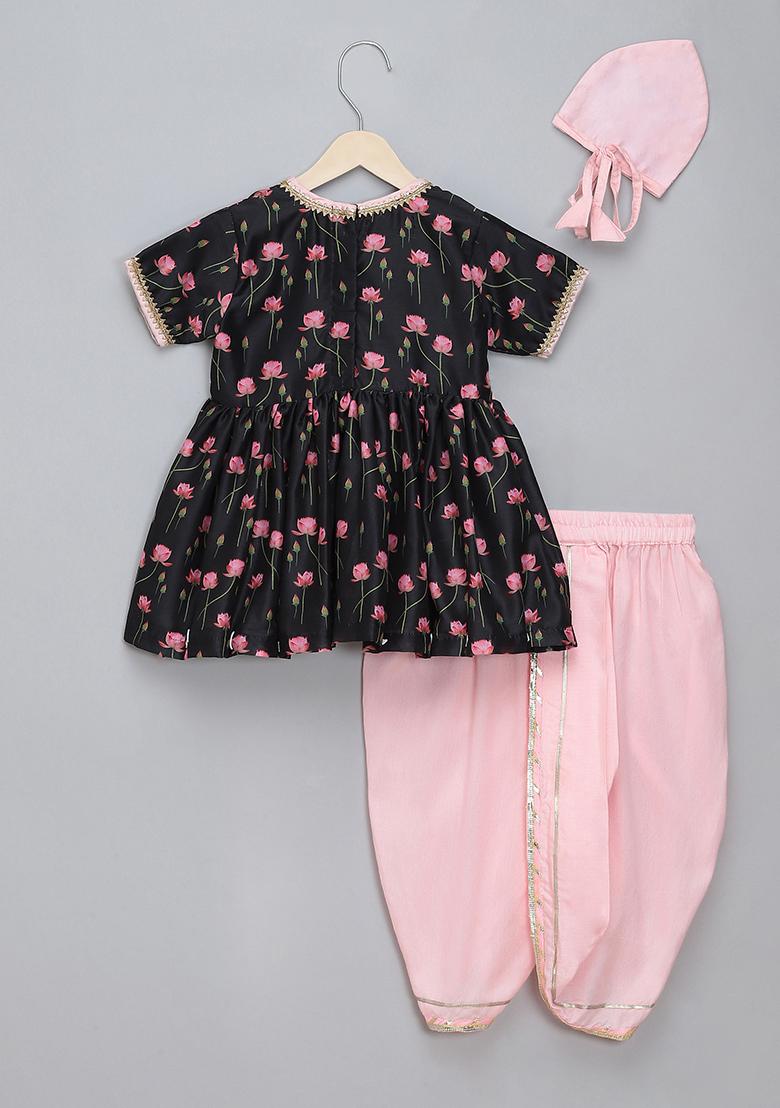 Black Printed Cotton Silk Dhoti Set For Girls