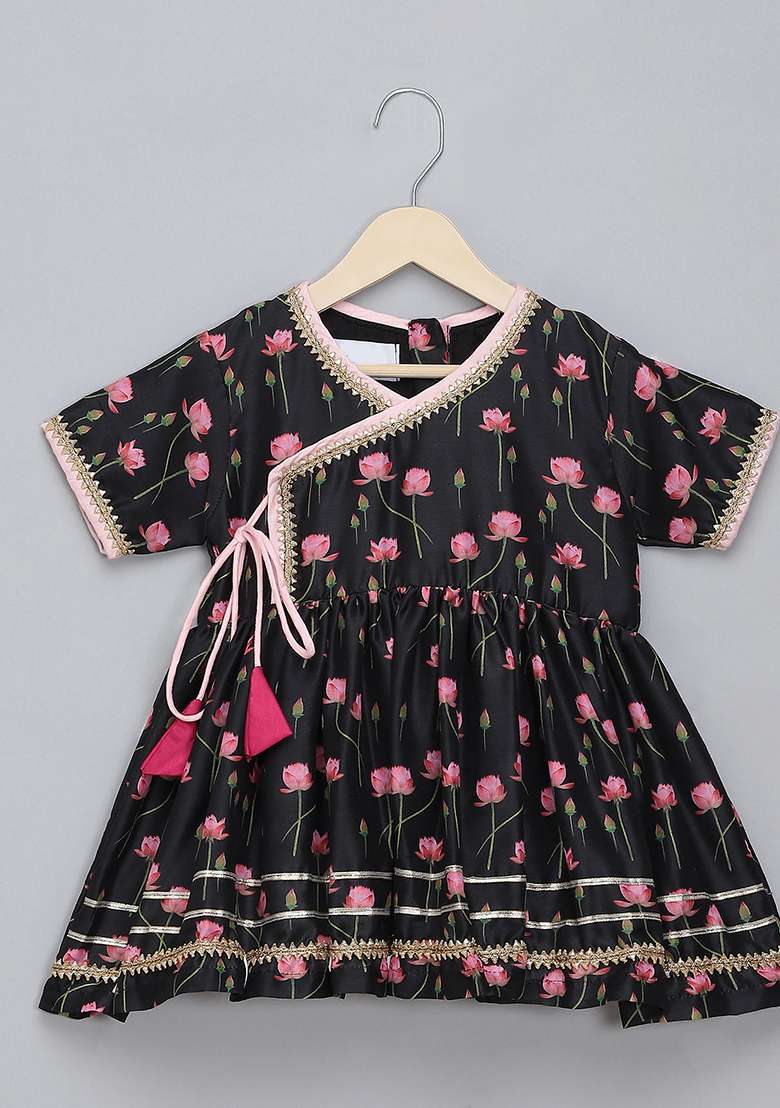 Black Printed Cotton Silk Dhoti Set For Girls - Indya