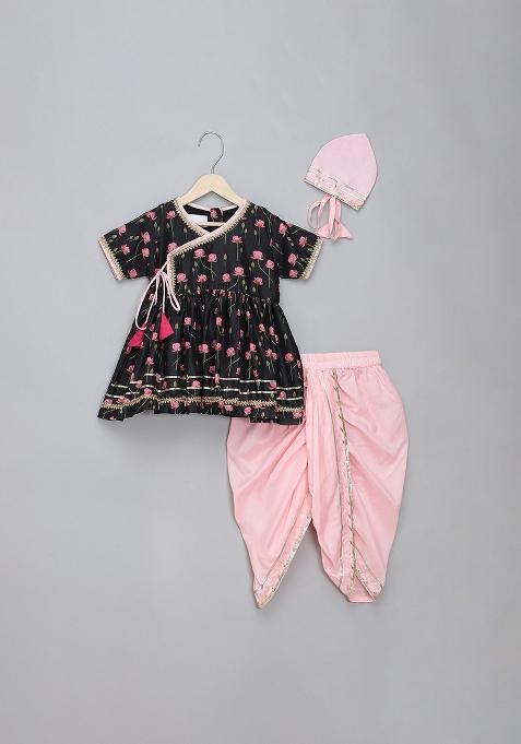 Black Printed Cotton Silk Dhoti Set For Girls