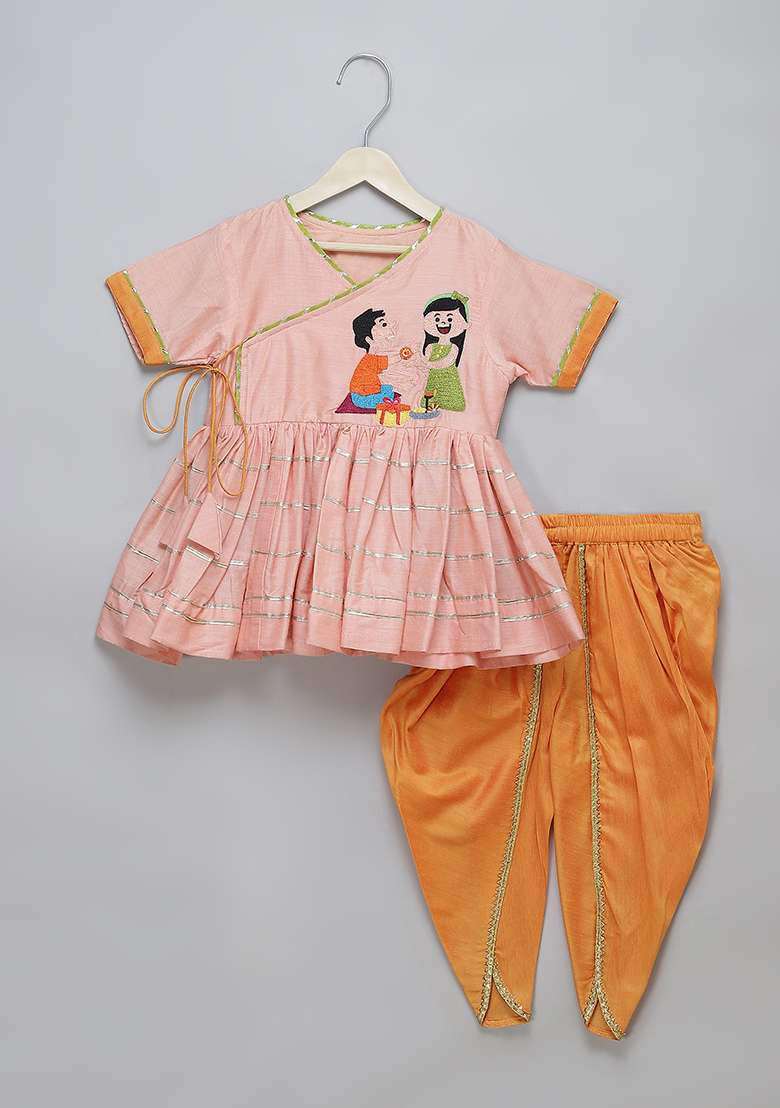 Peach Embroidered Cotton Silk Dhoti Set For Girls - Indya