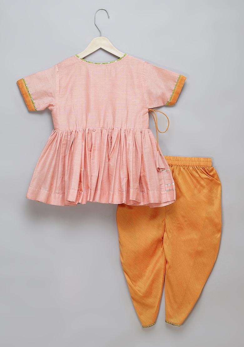 Peach Embroidered Cotton Silk Dhoti Set For Girls