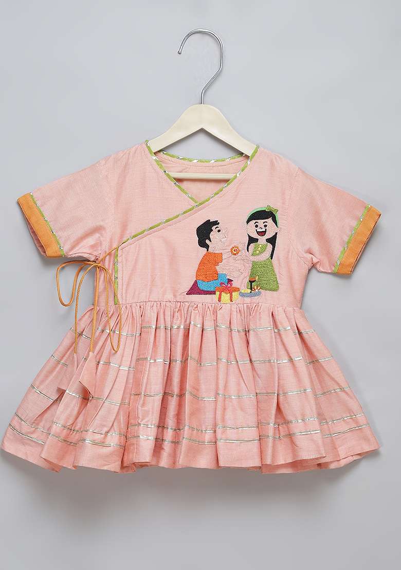 Peach Embroidered Cotton Silk Dhoti Set For Girls - Indya
