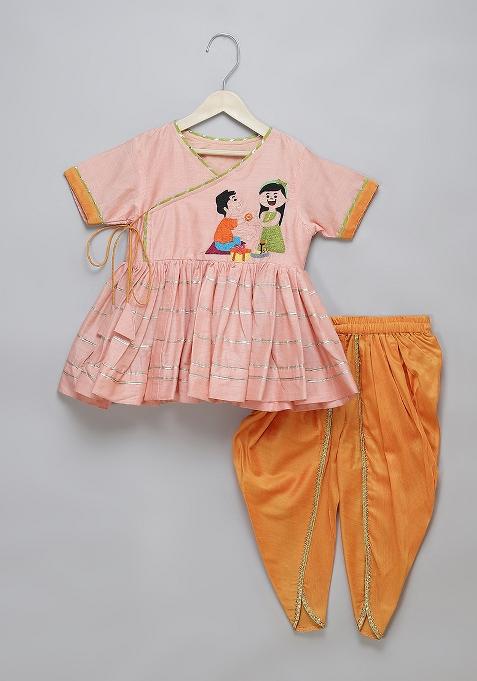 Peach Embroidered Cotton Silk Dhoti Set For Girls