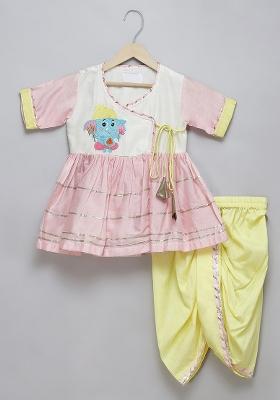 Pink Embroidered Cotton Silk Dhoti Set For Girls