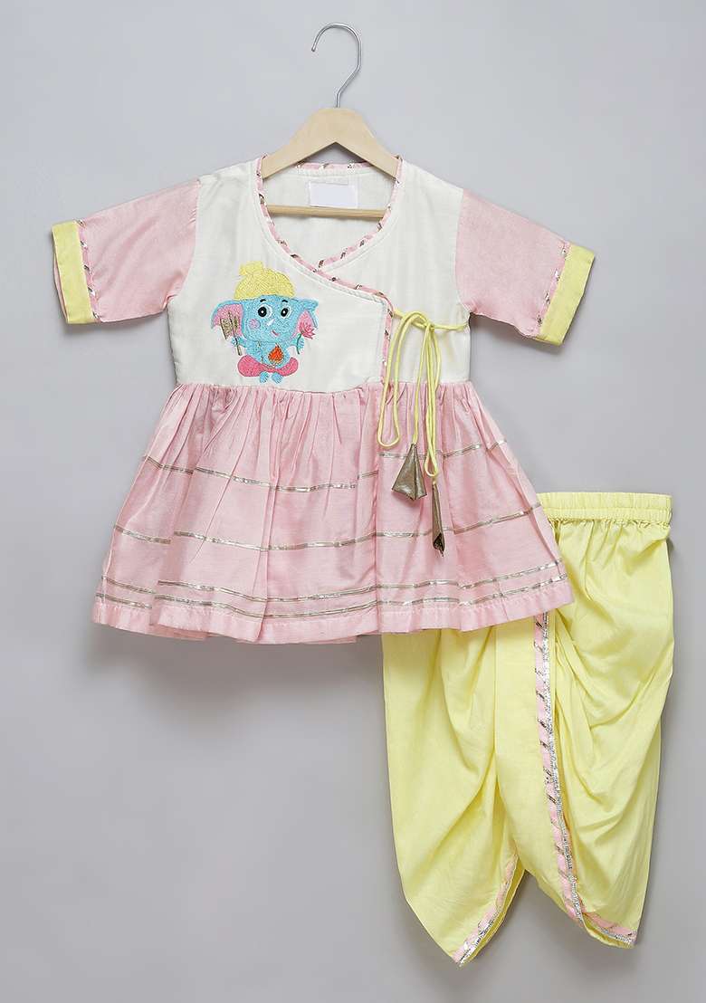Pink Embroidered Cotton Silk Dhoti Set For Girls - Indya