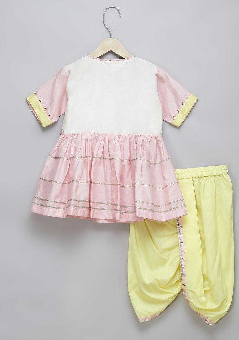 Pink Embroidered Cotton Silk Dhoti Set For Girls