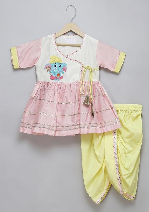 Pink Embroidered Cotton Silk Dhoti Set For Girls