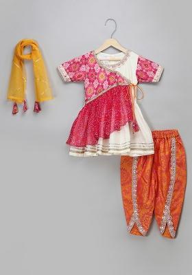 Pink Embroidered Cotton Silk Dhoti Set For Girls