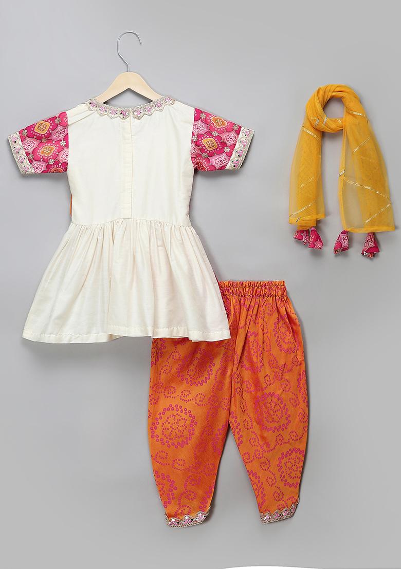 Pink Embroidered Cotton Silk Dhoti Set For Girls