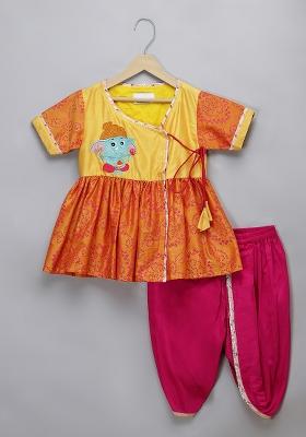 Pink Embroidered Cotton Silk Dhoti Set For Girls