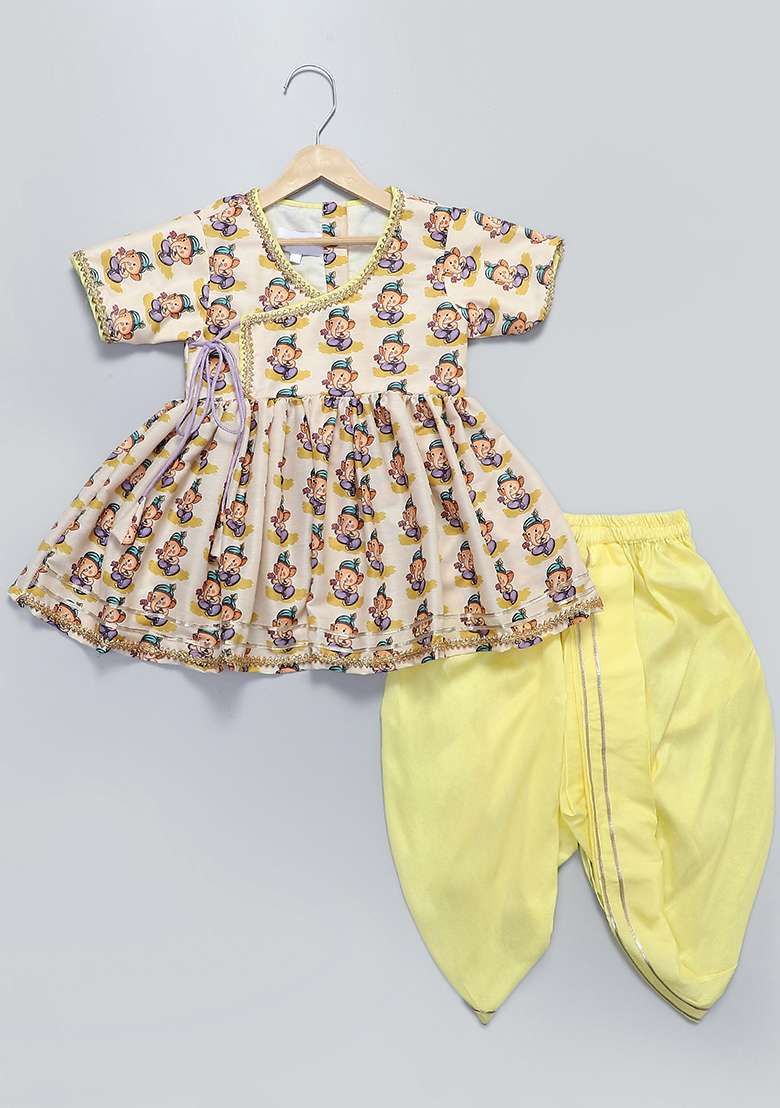 Off White Printed Cotton Silk Dhoti Set For Girls - Indya