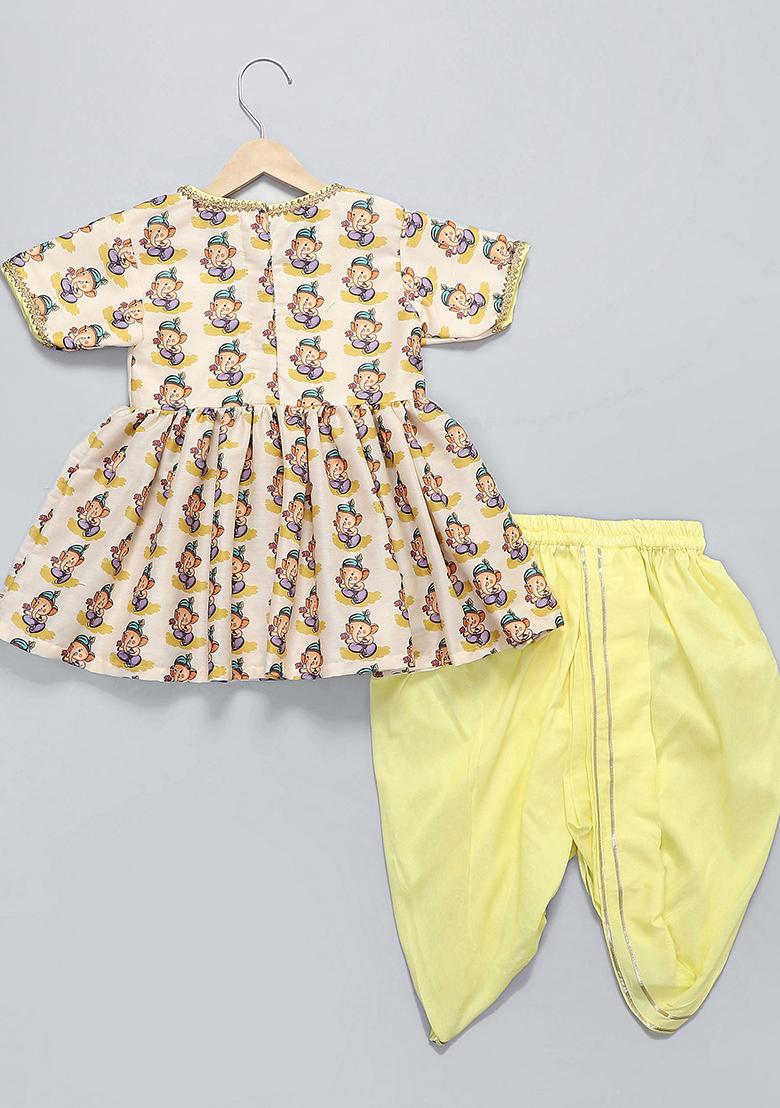 Off White Printed Cotton Silk Dhoti Set For Girls