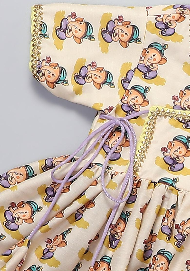 Off White Printed Cotton Silk Dhoti Set For Girls