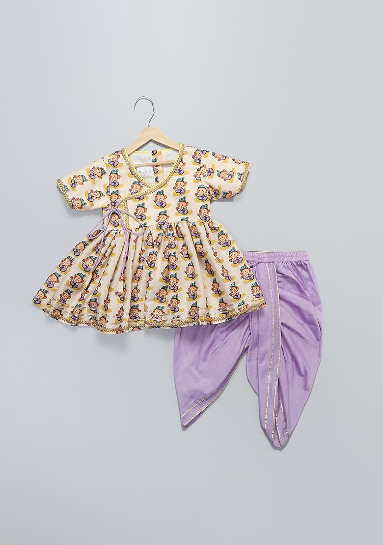 Off White Printed Cotton Silk Dhoti Set For Girls