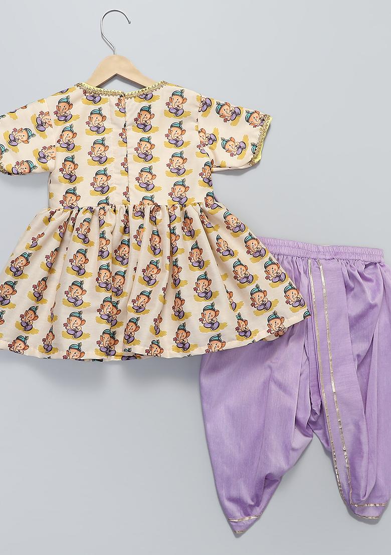 Off White Printed Cotton Silk Dhoti Set For Girls