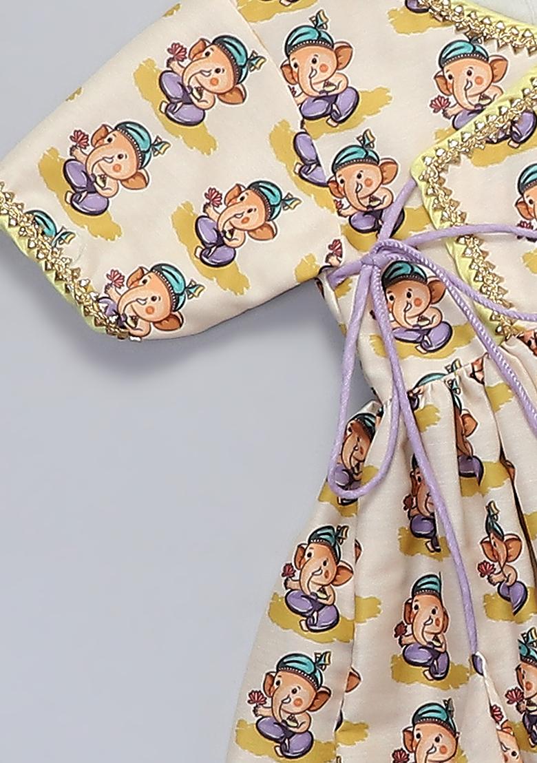 Off White Printed Cotton Silk Dhoti Set For Girls