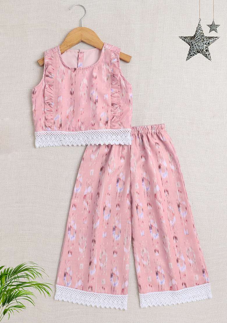 Pink Printed Polyester Co Ord Set For Girls - Indya