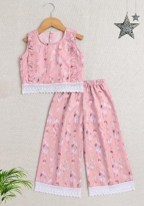 Pink Printed Polyester Co Ord Set For Girls