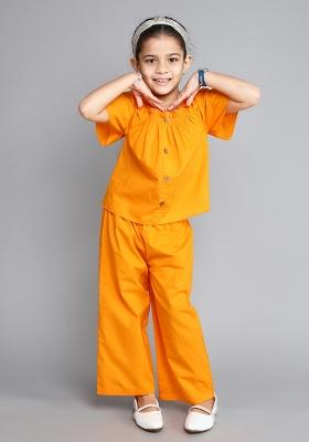 Orange Solid Cotton Co Ord Set For Girls