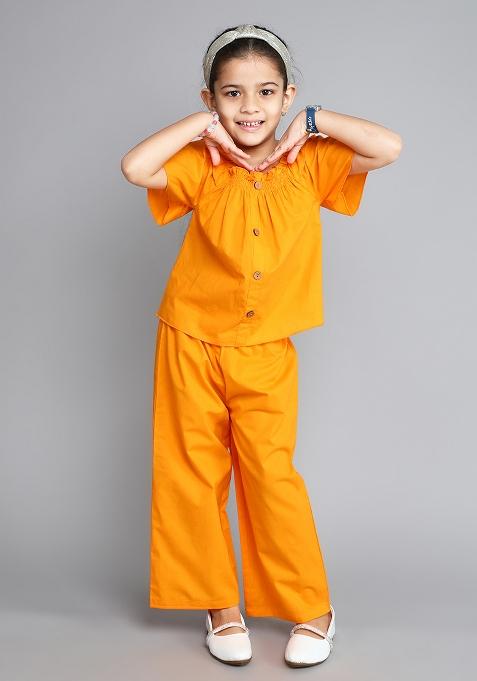 Orange Solid Cotton Co Ord Set For Girls