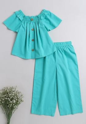 Green Solid Cotton Co Ord Set For Girls