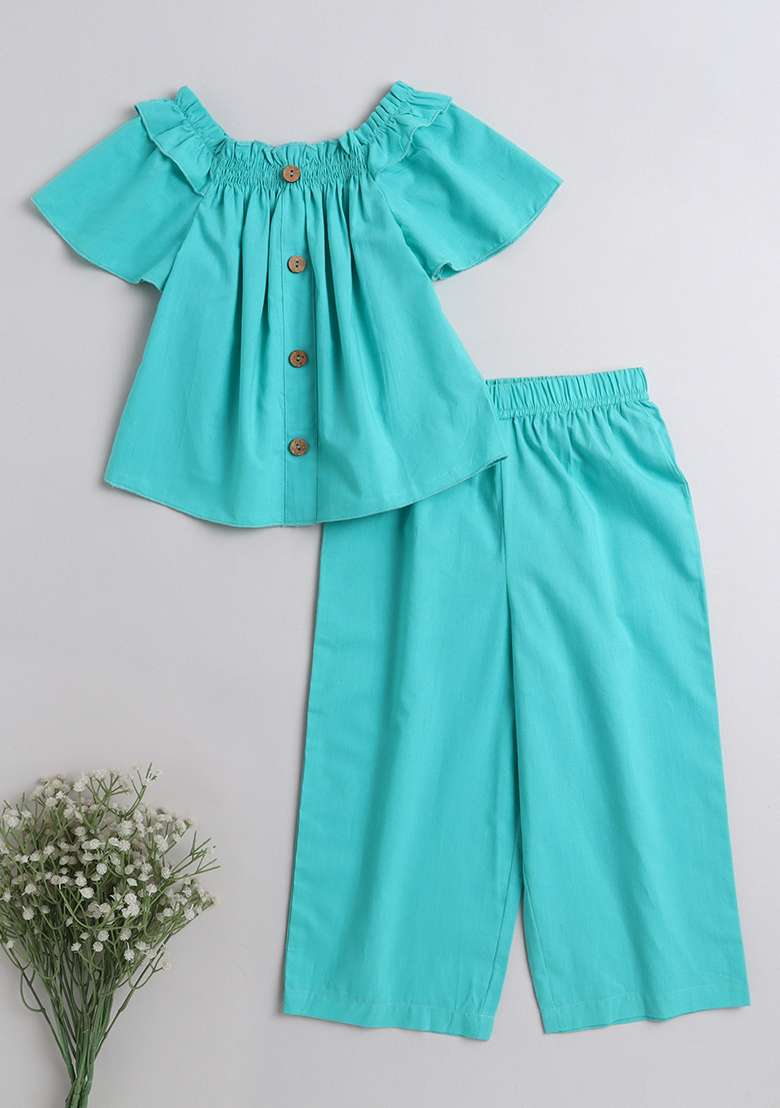 Green Solid Cotton Co Ord Set For Girls - Indya