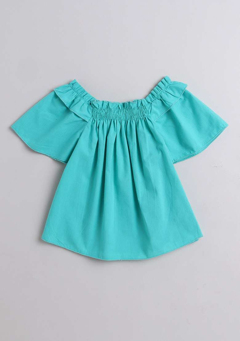 Green Solid Cotton Co Ord Set For Girls - Indya