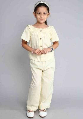 White Solid Cotton Co Ord Set For Girls